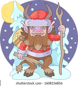 cartoon christmas angry monster krampus , funny illustration, design
