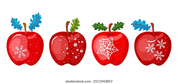 Maçã de Natal de desenhos animados, fruta vermelha doce com folha, decoração de férias Ano Novo com floco de neve. Coleção de crianças Xmas bonitas isoladas no fundo branco. Ilustração vetorial de inverno