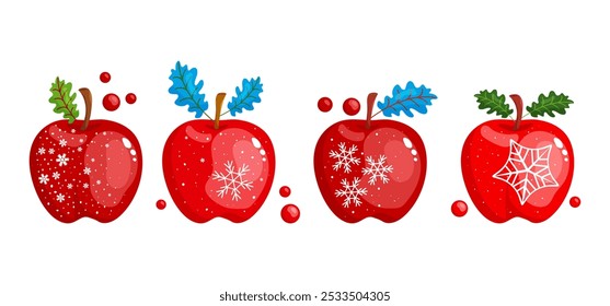 Cartoon Christmas apple, sweet red fruit with leaf, holiday decoration New Year with snowflake. Cute Xmas child collection isolated on white background. Winter vector illustration