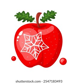 Cartoon Christmas apple, sweet red fruit with leaf and berry, holiday decoration New Year with snowflake. Cute Xmas child toy isolated on white background. Winter vector illustration