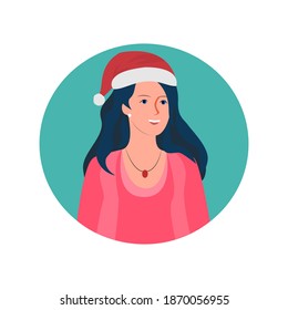 
Cartoon Christmas avatar of a cute girl wearing a Santa Claus hat. Beautiful woman icon for New Year celebration decoration design. Holiday concept. Christmas background. Flat vector illustration.