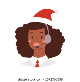 Cartoon Christmas avatar set of cute happy young woman customer support phone operator with African nationality in Santa hat. Illustration of portrait of smiling girl. Callcenter worker with headset