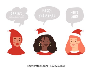 Cartoon Christmas avatar set of cute happy young women with different nationality in Santa hats. Illustration of portrait of smiling girls with speech bubbles and xmas quotes. Set of female emoticons