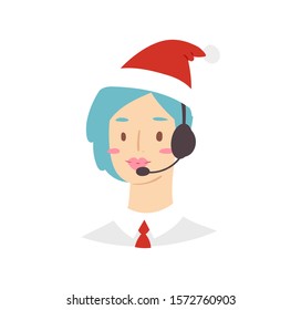 Cartoon Christmas avatar set of cute happy young woman customer support phone operator with European nationality in Santa hat. Illustration of portrait of smiling girl. Callcenter worker with headset