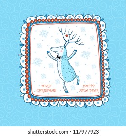 Cartoon Christmas background  with the Dancing Deer. Greeting card Merry Christmas.