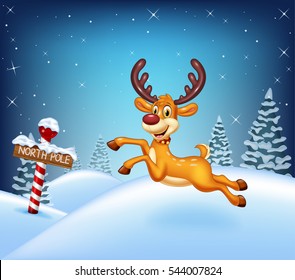 Cartoon Christmas background with deer running in the winter time