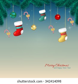 Cartoon Christmas  background .  Greeting card with baubles, stocking and candy cane, tree branches.Template for Congratulations, invitations.Vector illustration