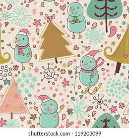 Cartoon Christmas background in vector. Snowman in winter forest