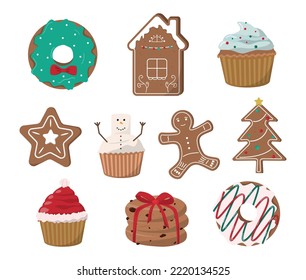 Cartoon Christmas bakery collection. Festive donuts, gingerbread cookies, and cupcakes. Isolated on white background. Winter seasonal sweets and desserts
