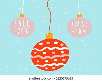 Cartoon Christmas balls with familiar sale, special offer. Happy New year 2023 holiday card template. Shop market poster design. Festive design elements for greeting cards, header, website.