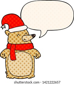 cartoon christmas bear with speech bubble in comic book style