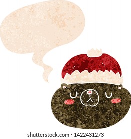 cartoon christmas bear with speech bubble in grunge distressed retro textured style