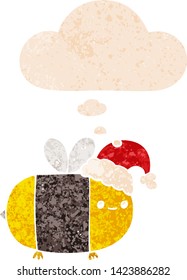 Cartoon-Weihnachtsbiene mit Gedankenblase in brüchiger Retrostrukturierung