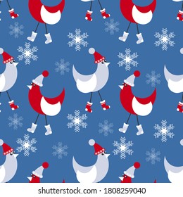 Cartoon Christmas birds in Christmas hats, boots. Snowflakes. Seamless Christmas vector illustration