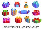 Cartoon Christmas and birthday holiday gift boxes. Vector set of presents with bows and colorful wrapping, for valentines day, xmas or festive event celebration of square, circular and candy shapes