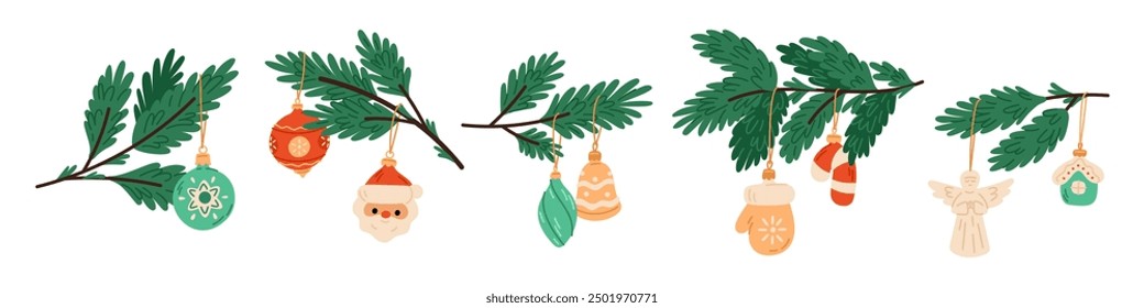 Cartoon Christmas branches with toys. New Year decorations on coniferous sprigs. Fir plant twigs. Holiday accessories. Xmas garlands. Spruce stalks with glass balls