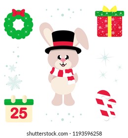 cartoon christmas bunny with scarf and hat and christmas illustration vector