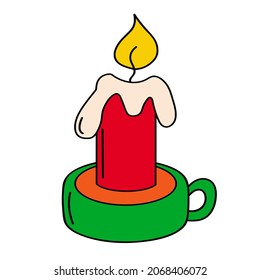 Cartoon christmas burning red candle. Vector illustration isolated on white.