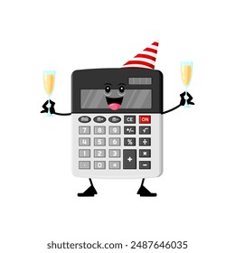 Cartoon Christmas calculator character adorned with festive hat, cheerfully displaying champagne glasses. Vector school stationery item spreading holiday joy with a touch of numerical merriment