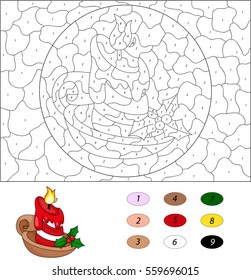 Cartoon christmas candle. Color by number educational game for kids. Illustration for schoolchild and preschool