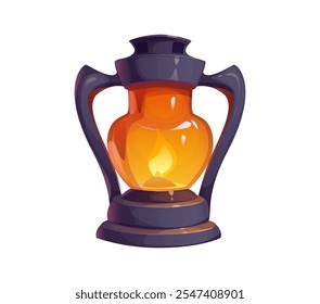 Cartoon Christmas candle or gas lantern. Isolated vector charming holiday decoration, rustic garden lamp made from metal with glass panes and fire warmly glows inside, casting a cozy, flickering light