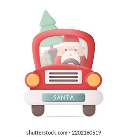 Caricatura del coche navideño con Santa Claus, caja de regalo y árbol de Navidad. Vista frontal. Ilustración del vector de iconos 3D sobre fondo blanco