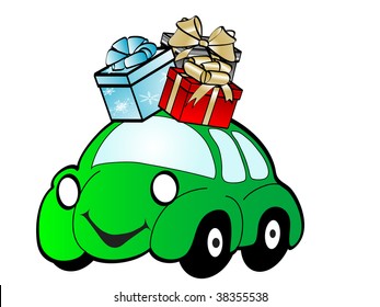 Cartoon christmas car - vector illustration