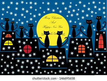 cartoon christmas card design with cats in silhouettes sitting on the top of the roof watching snowflakes and the moon