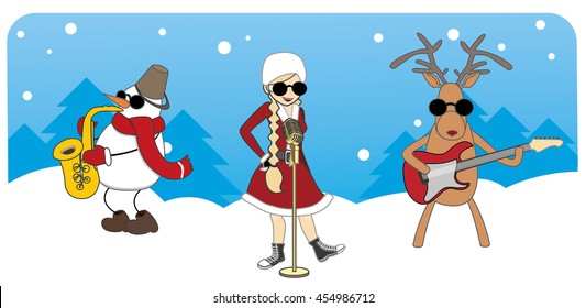 cartoon Christmas card. girl, snowman and reindeer on a blue background