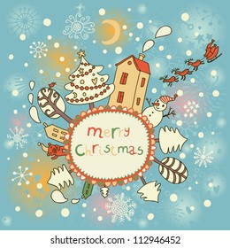 Cartoon Christmas card. Holiday background on New Year theme in vector