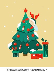 Cartoon Christmas card with christmas tree, toys, gifts and angel bright funny vector
