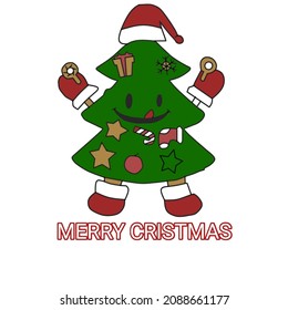 Cartoon Christmas card with christmas tree, toys, gifts and angel bright funny vector