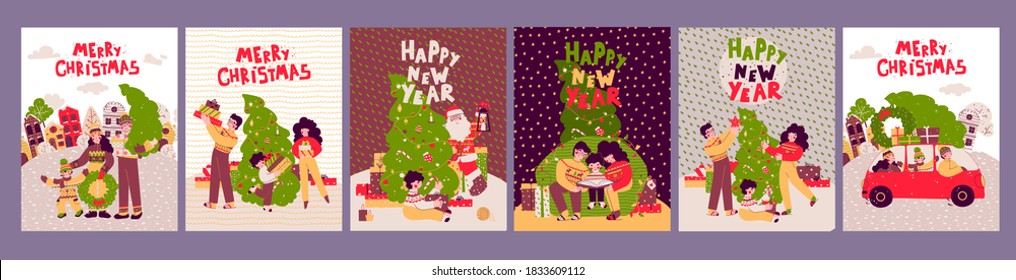 Cartoon Christmas cards Set, Vector illustration, poster. Merry christmas.