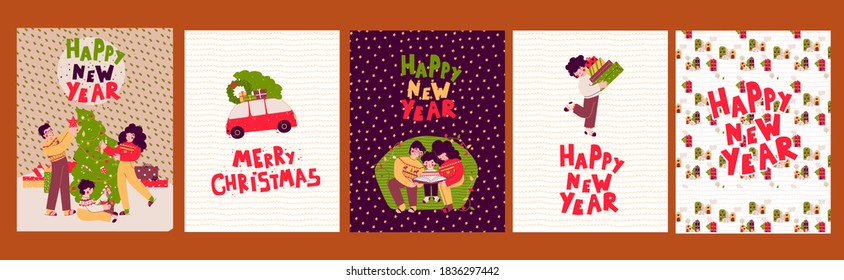 Cartoon Christmas cards Set, Vector illustration, poster. Merry christmas.