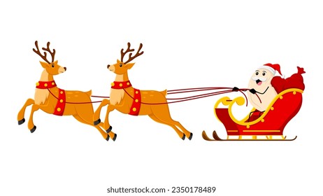 Cartoon Christmas cashew nut character donning Santa costume, joyfully riding reindeer sleigh with gift bag. Vector kernel Noel at whimsical Xmas holiday scene filled with merriment and festive cheer