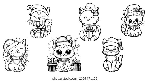 Cartoon Christmas cat, drawing for coloring, black outline on a transparent background.

