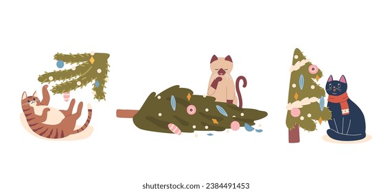 Cartoon Christmas Cats Characters Joyfully Frolic Amidst Decorated Holiday Trees, Making Mess, Vector Illustration