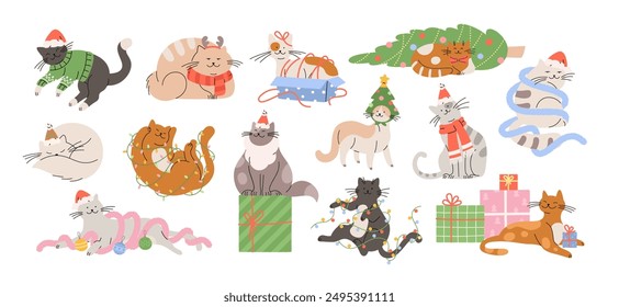 Cartoon christmas cats. Cute cat wear xmas costumes, play with garland and toys, sitting in present box. Funny new year pets, racy vector characters