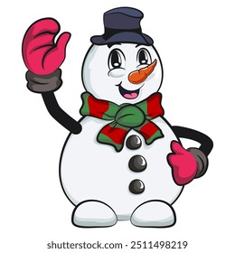 O mascote de personagem de natal de desenho animado de um boneco de neve enquanto acena, trabalho de artesanal
