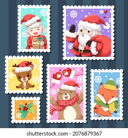 Cartoon Christmas character on stamp postage. Merry Christmas cutout element for Holiday cards, invitations and website. Vector illustration