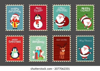 Cartoon Christmas character on stamp postage. Merry Christmas cutout element for Holiday cards, invitations and website. Artwork for Greeting card, banner, poster website. Vector flat illustration