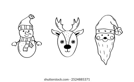 Cartoon Christmas character Snowman, Santa and reindeer. Vector illustration of funny hand draw characters.