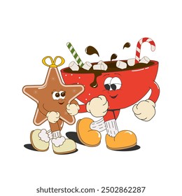 Cartoon Christmas characters: cocoa with marshmallows and sweets, a star. Isolated on a white background. Retro style. Vector illustration.