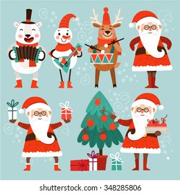 Cartoon Christmas characters dance and sing. Set of stylish cute characters for Christmas. Santa Claus, a polar bear, snowman and reindeer. Santa Claus with gifts and a Christmas fir.