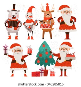 Cartoon Christmas characters dance and sing. Set of stylish cute characters for Christmas. Santa Claus, a polar bear, snowman and reindeer. Santa Claus with gifts and a Christmas fir.