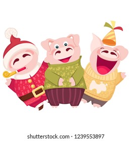 Cartoon Christmas characters. Happy colorful three piglets. Template for card, stamp, print. Simbol of the 2019 year. Isolated vector illustration on white background.