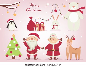 Cartoon Christmas characters. Santa Claus and his friends: elf, penguin, rabbit, bear, deer, penguin. Cute cartoon characters for christmas. Vector illustration
