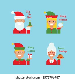 Cartoon Christmas characters Santa, elf, mrs. Claus funny avatar vector icon set.