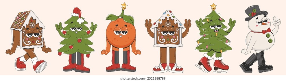 Cartoon Christmas characters - Christmas tree, snowman, gingerbread house, mandarin. Vector illustration design.