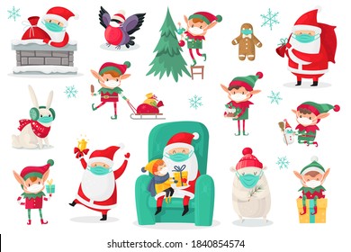 Cartoon christmas characters wearing medical masks. Santa, elves and animals in protect mask collection, antiviral protective measure, stop spread viruses and beware epidemic covid-19 vector set